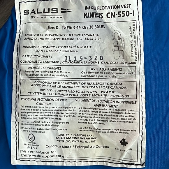 Salus Nimbus Infant Floatation Device / Life Jacket / PDF - Picture 2 of 2